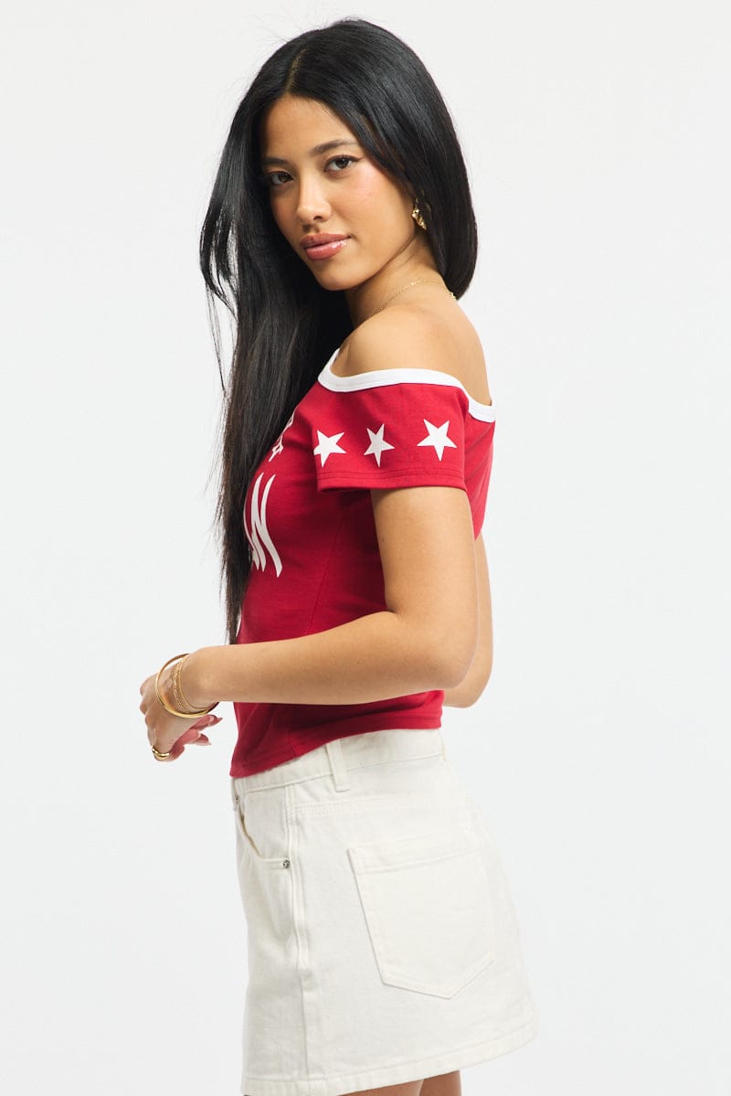 Red One Shoulder Graphic T-Shirt