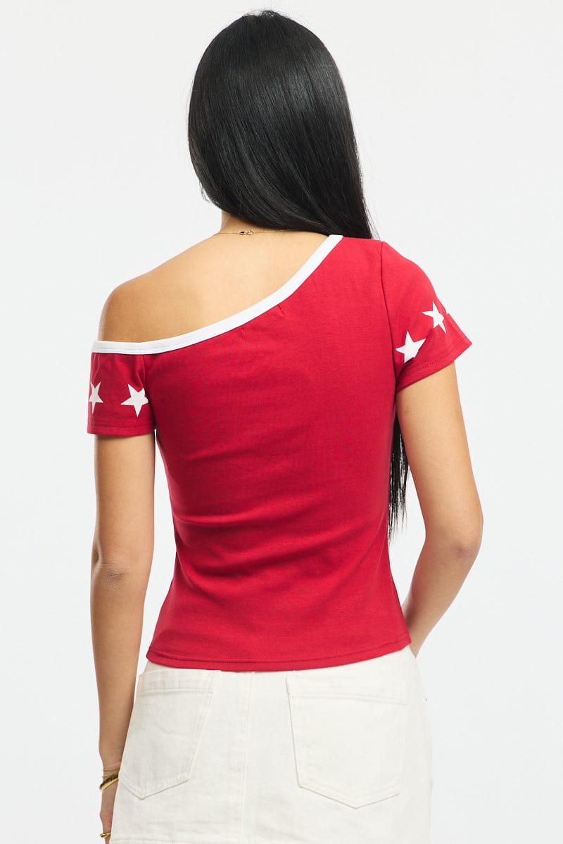Red One Shoulder Graphic T-Shirt