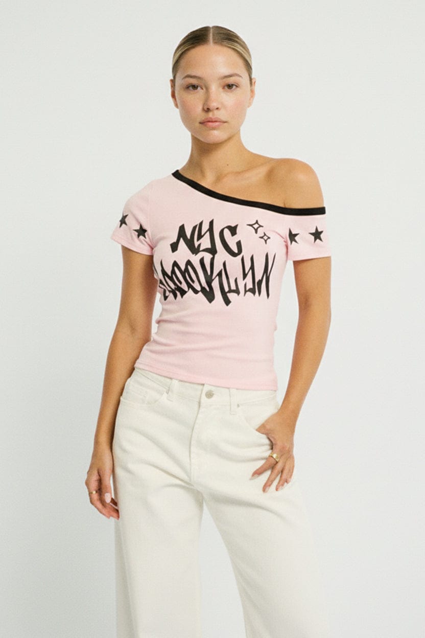 Pink One Shoulder Graphic T-Shirt