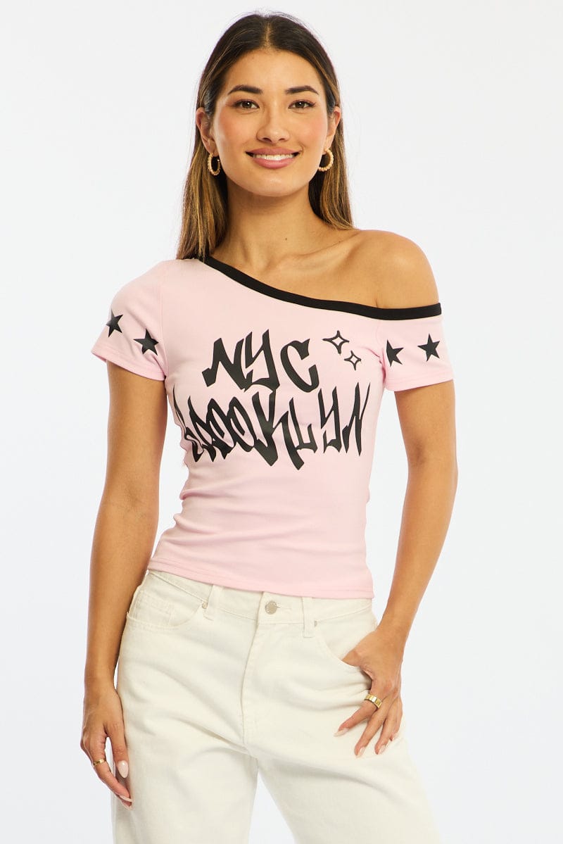 Pink One Shoulder Graphic T-Shirt