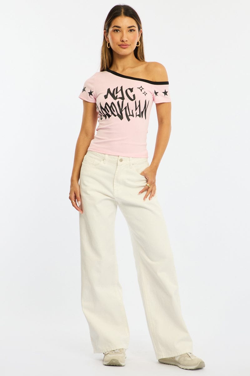 Pink One Shoulder Graphic T-Shirt