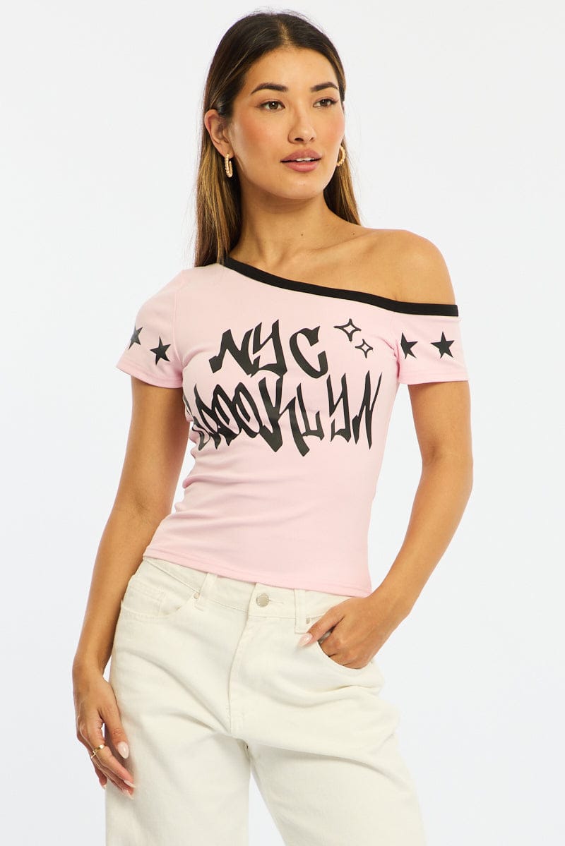 Pink One Shoulder Graphic T-Shirt