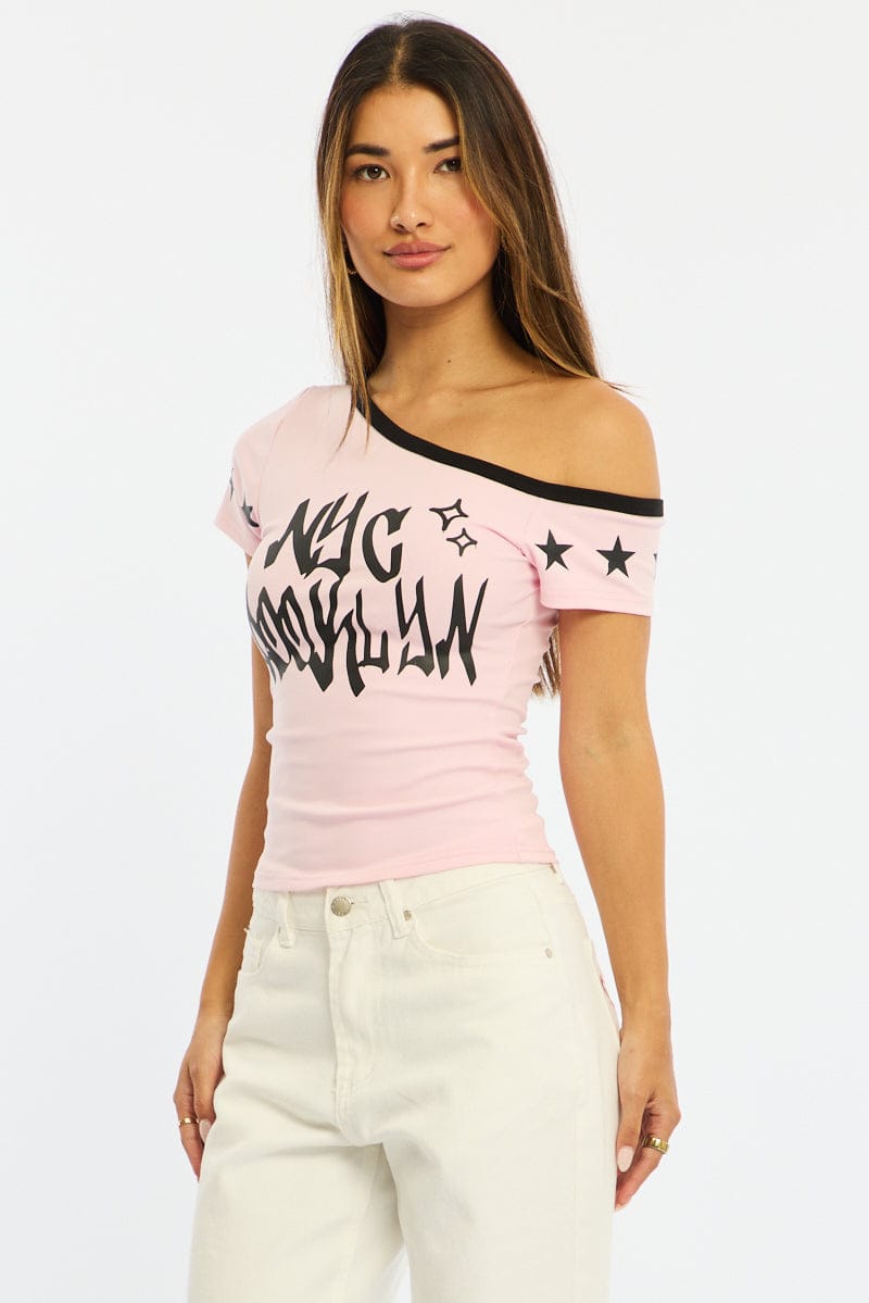 Pink One Shoulder Graphic T-Shirt