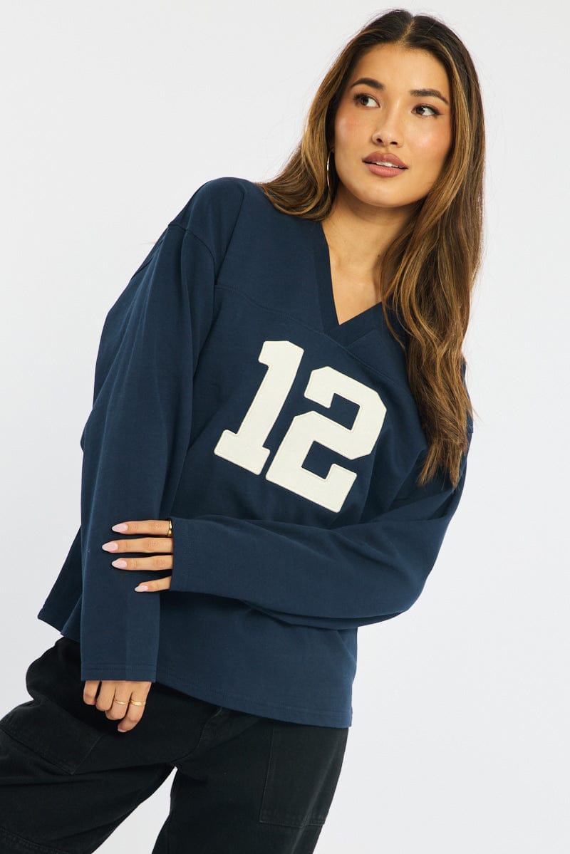 Blue V-Neck Sweater Long Sleeve