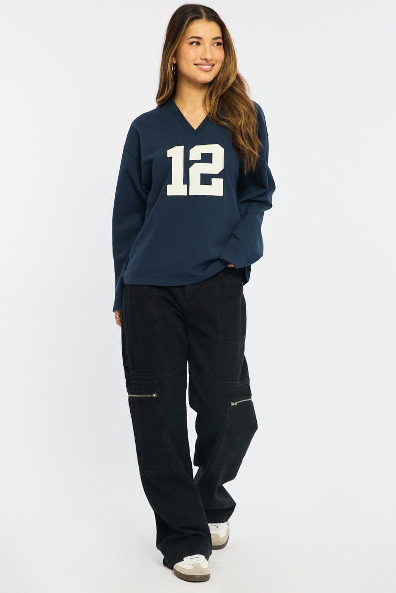 Blue V-Neck Sweater Long Sleeve