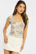 Green Print Scoop Neck T-Shirt Short Sleeve