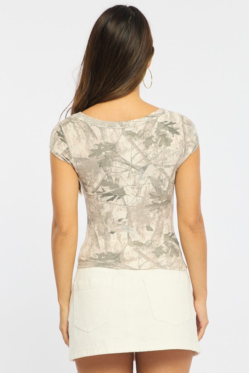 Green Print Scoop Neck T-Shirt Short Sleeve