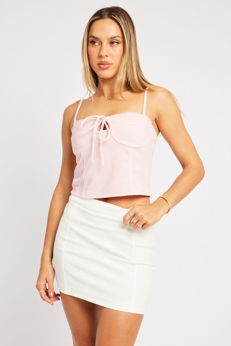 Pink Tank Top Top Contrast Lace Trim