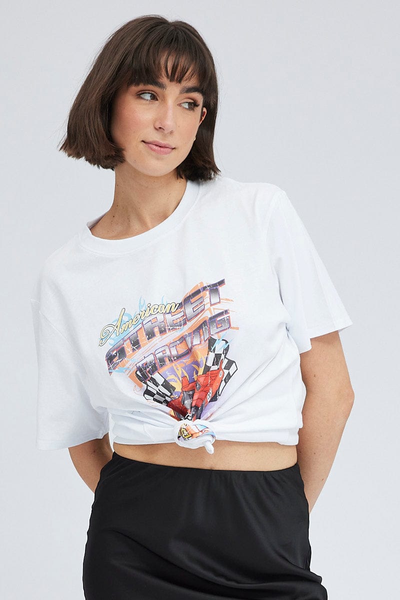 White Graphic T-Shirt Short Sleeve Round Neck