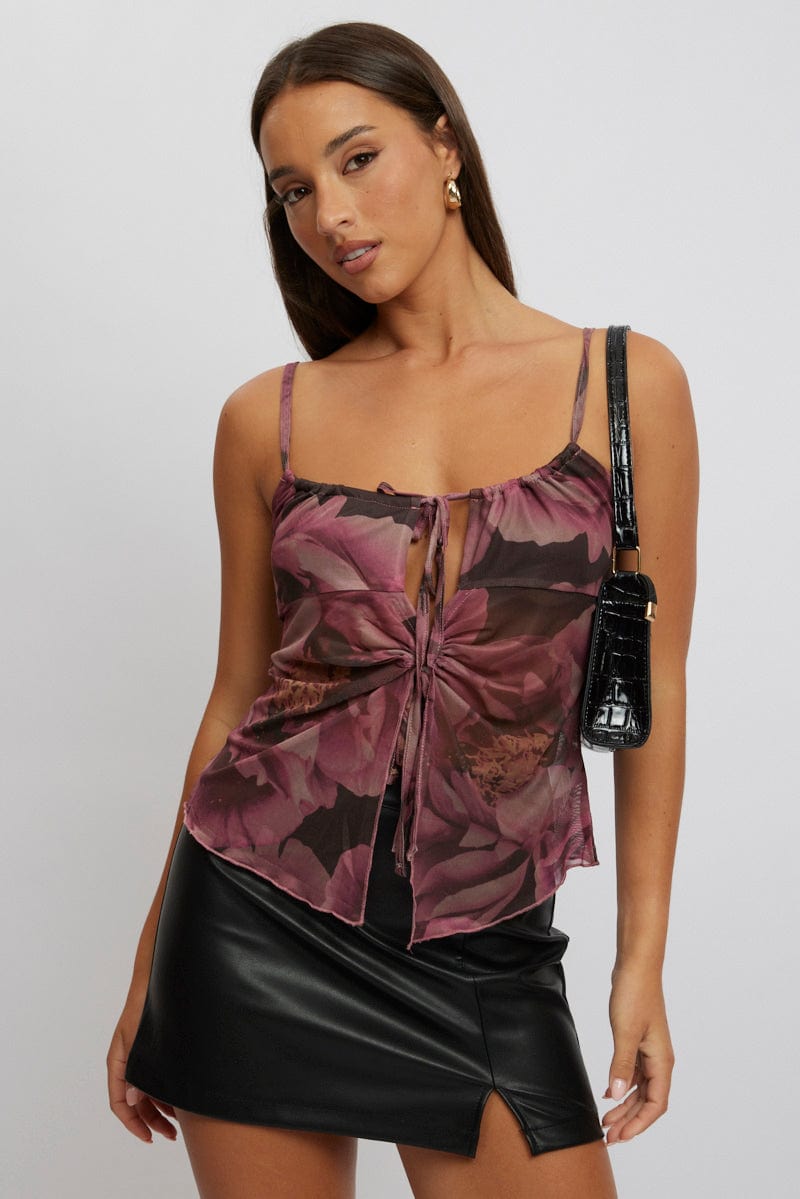 Pink Floral Tank Top Top Tie Up Front