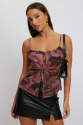 Pink Floral Tank Top Top Tie Up Front