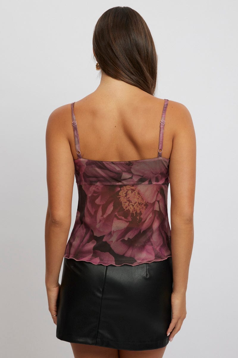 Pink Floral Tank Top Top Tie Up Front