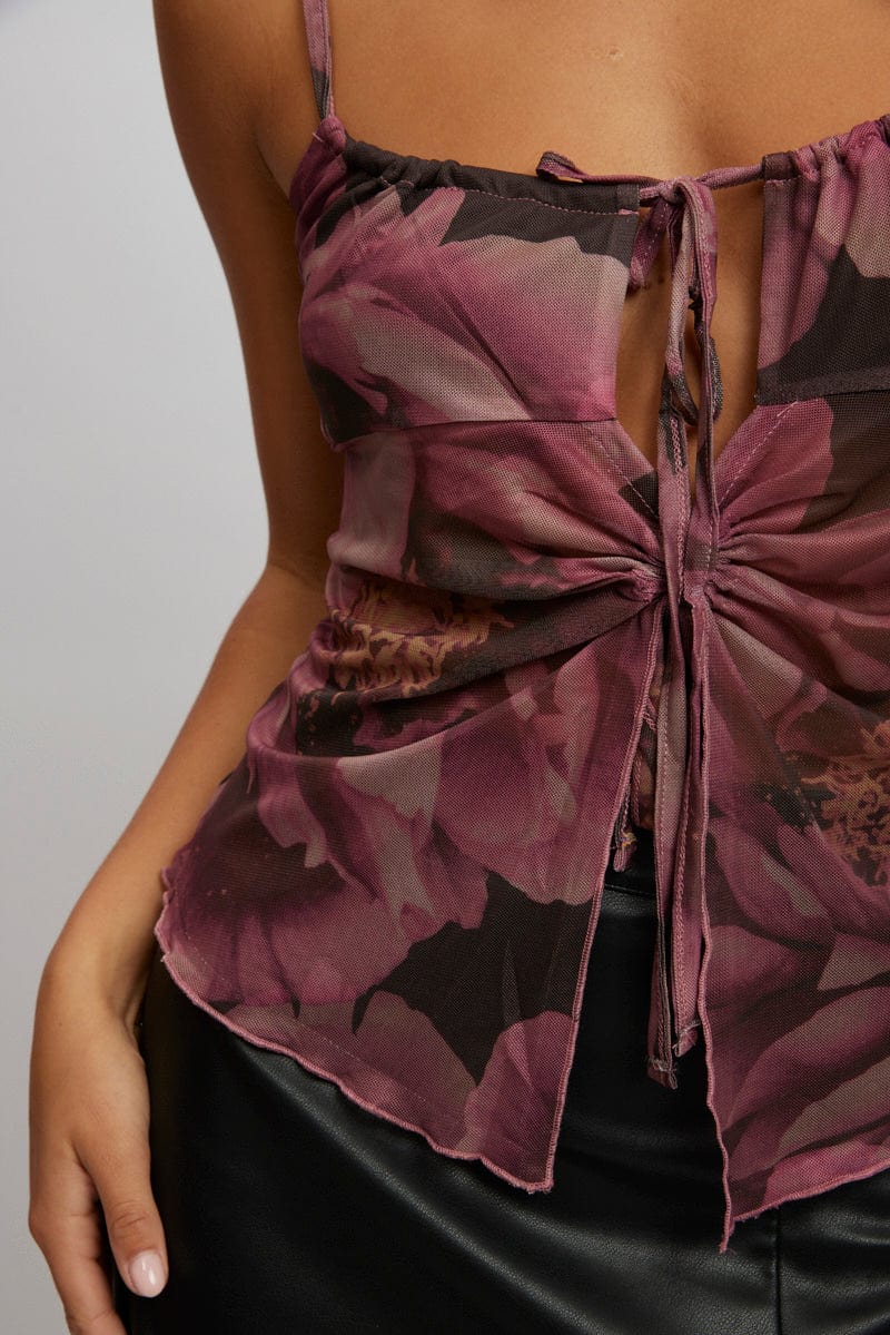 Pink Floral Tank Top Top Tie Up Front