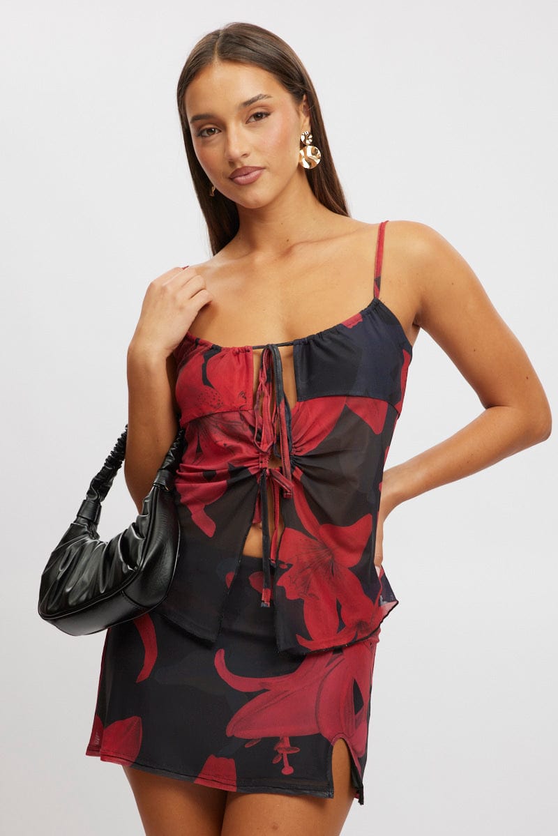 Black Floral Tank Top Top Tie Up Front