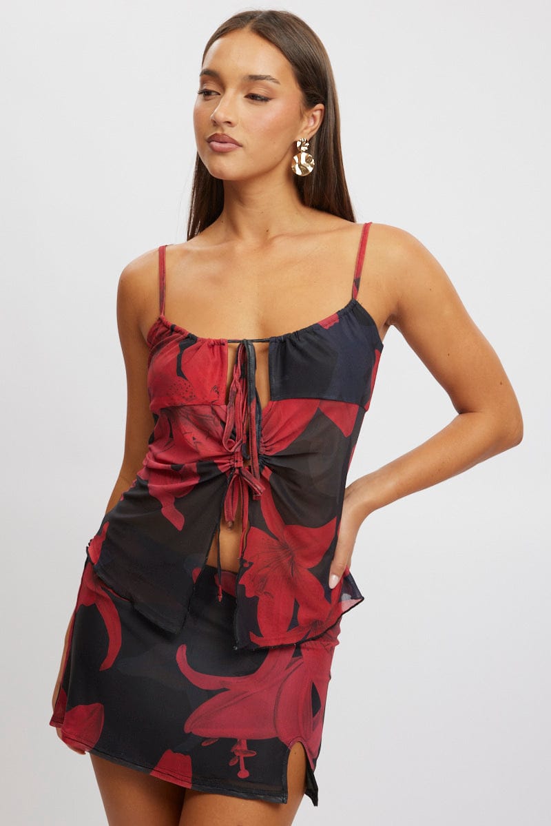 Black Floral Tank Top Top Tie Up Front