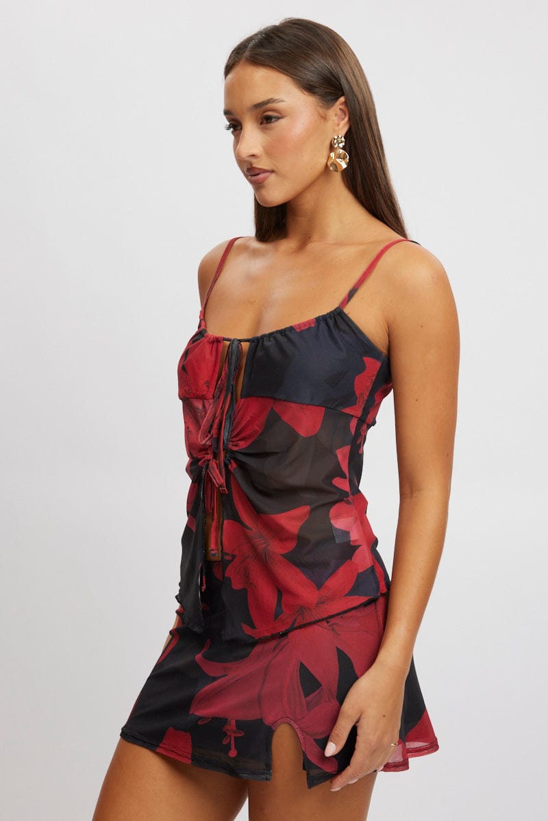 Black Floral Tank Top Top Tie Up Front