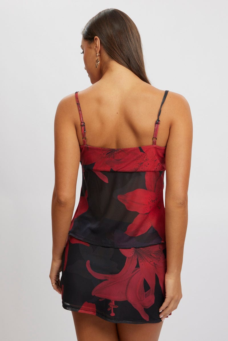 Black Floral Tank Top Top Tie Up Front