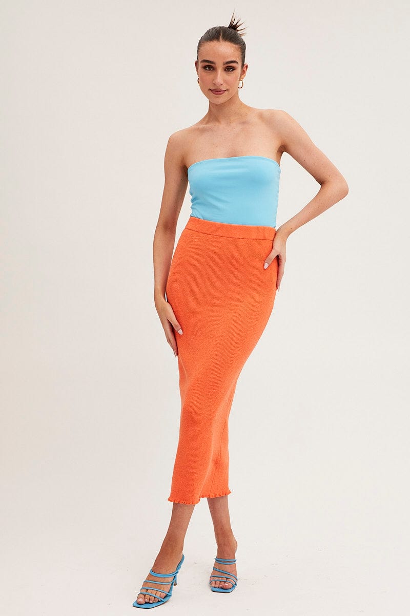 Orange Maxi Skirt Knit High Waist