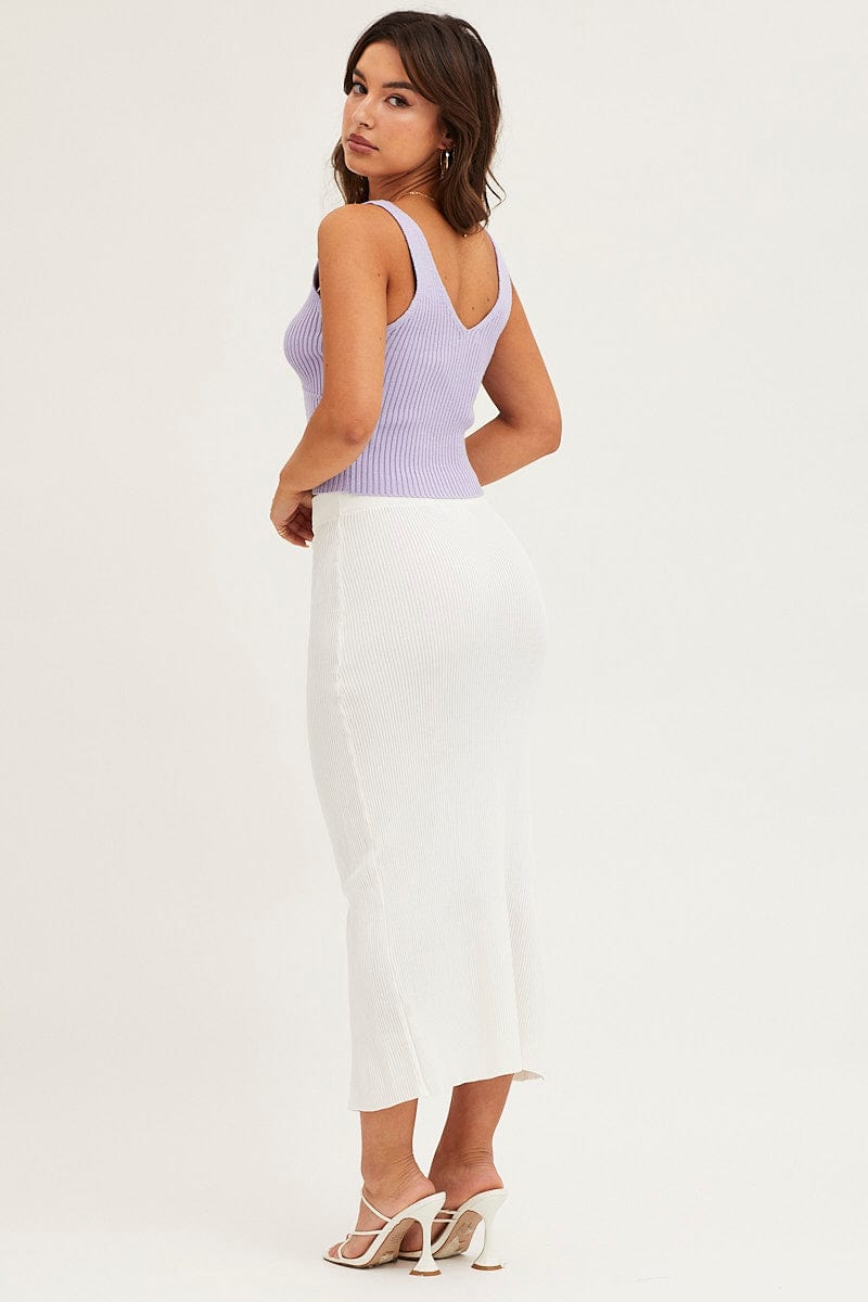 White Slit Knit Midi Skirt