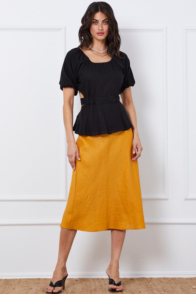 Black Peplum Blouse Short Sleeve Linen