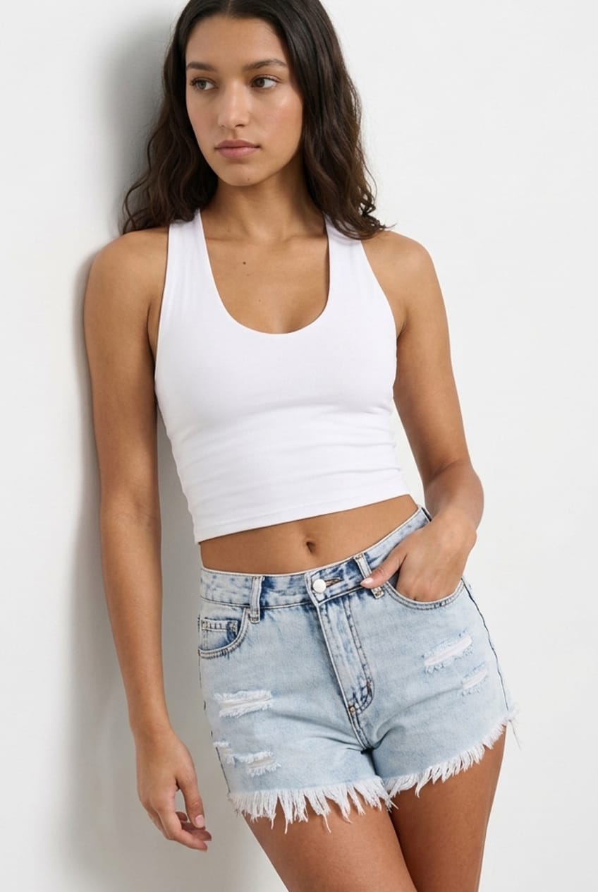 Blue High Rise Raw Edge Relaxed Denim Shorts