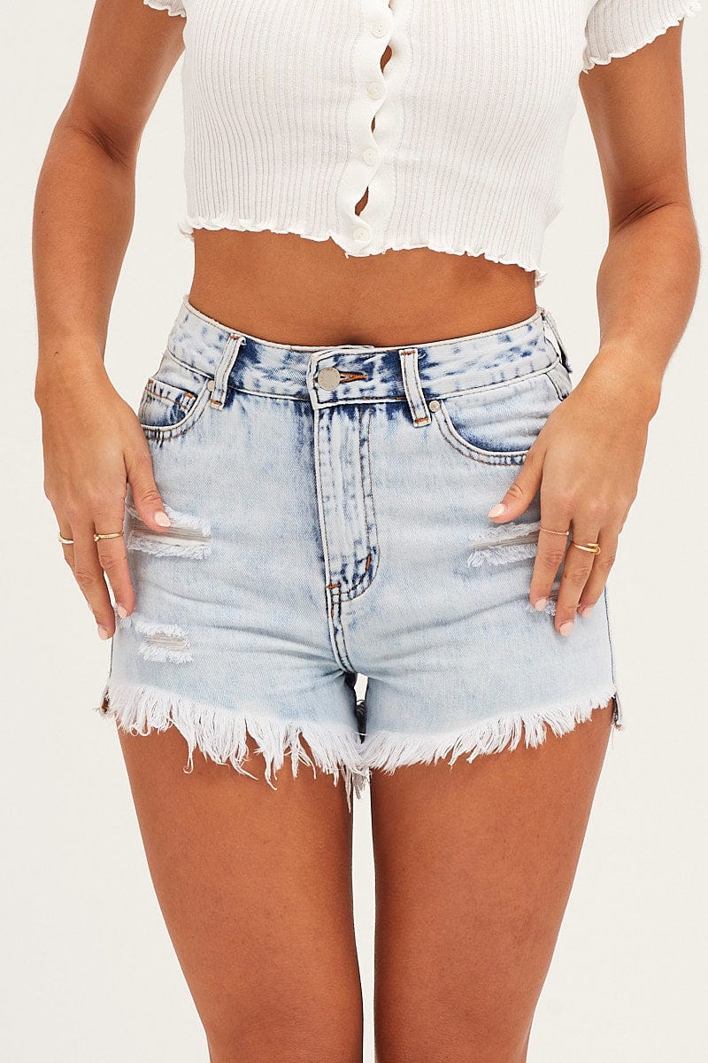 Blue High Rise Raw Edge Relaxed Denim Shorts