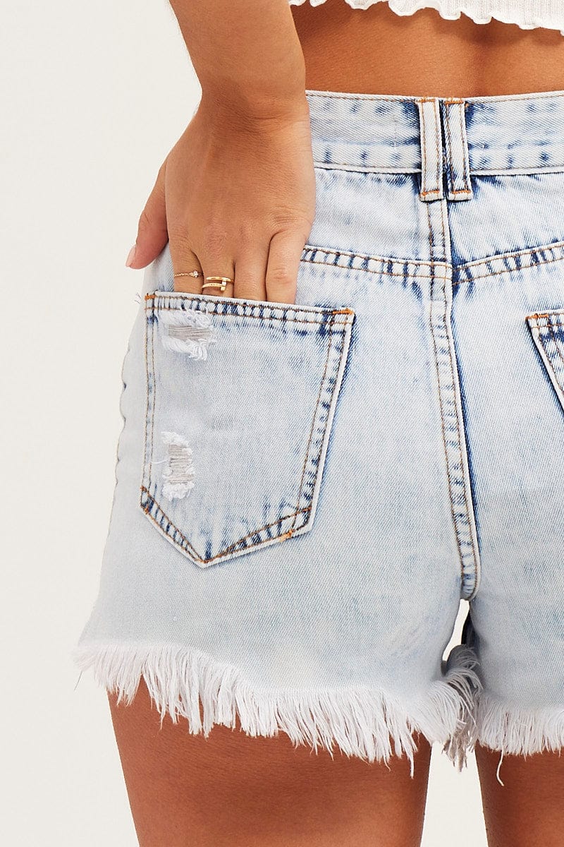 Blue High Rise Raw Edge Relaxed Denim Shorts