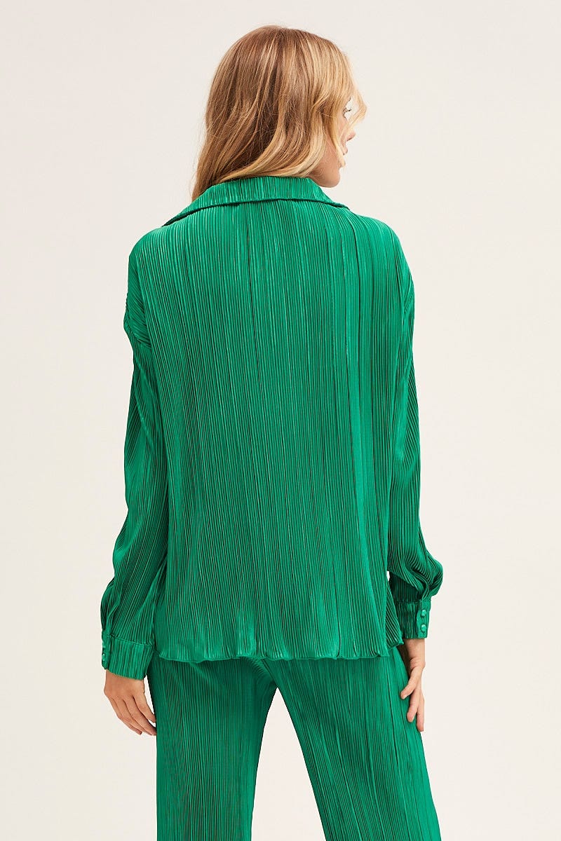 Green Plisse Shirt Long Sleeve Button Front