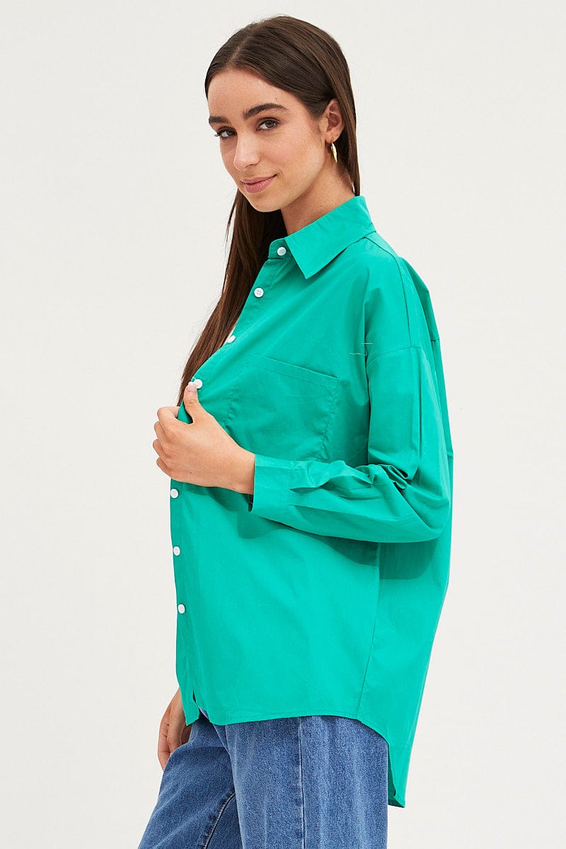 Green Relaxed Shirts Long Sleeve Button Up