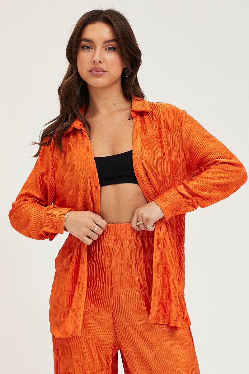 Orange Plisse Shirts Long Sleeve