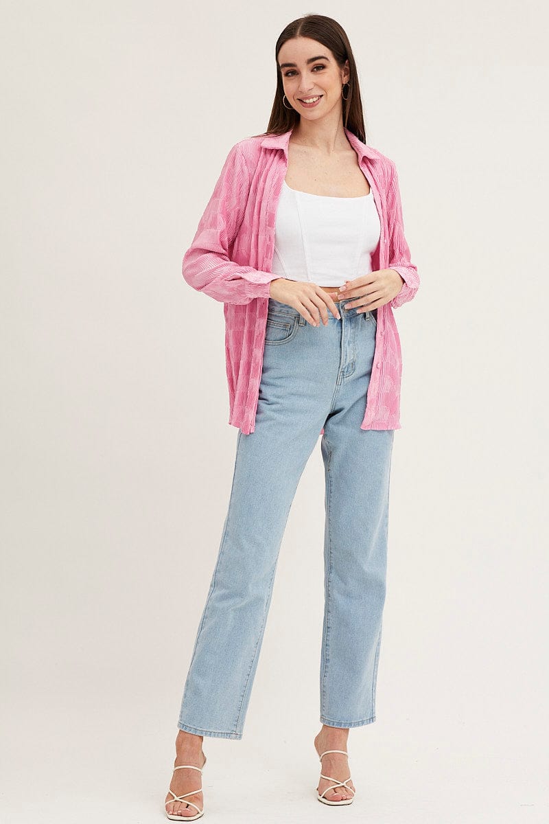 Pink Long Sleeve Plisse Shirt
