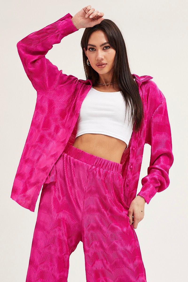 Pink Long Sleeve Plisse Shirt