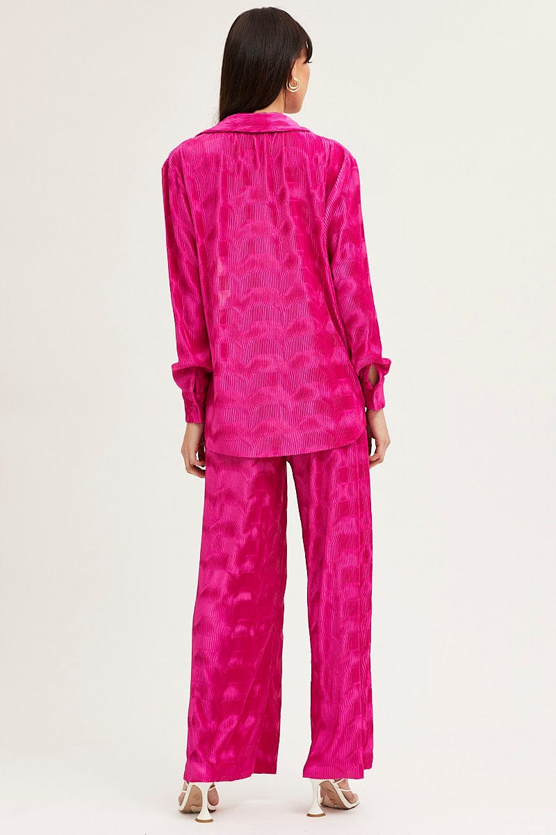 Pink Long Sleeve Plisse Shirt