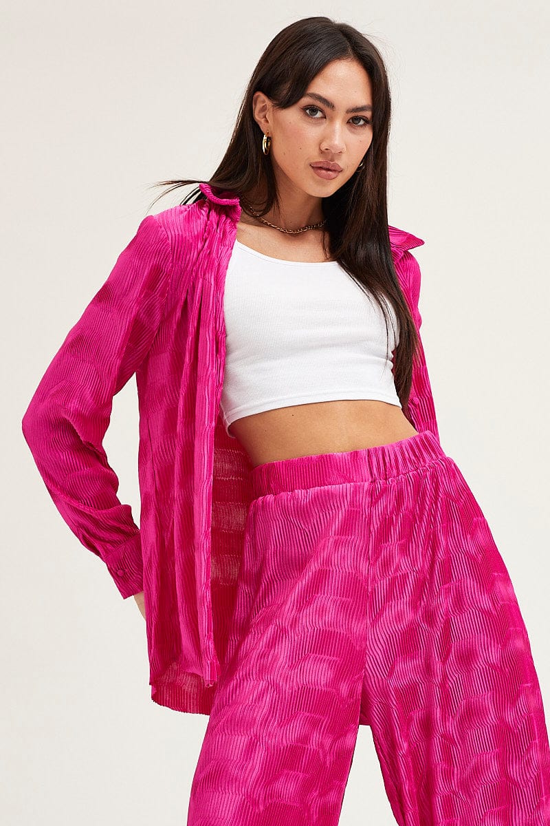 Pink Long Sleeve Plisse Shirt