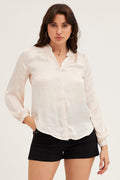 White Shirt Long Sleeve Gathered Satin