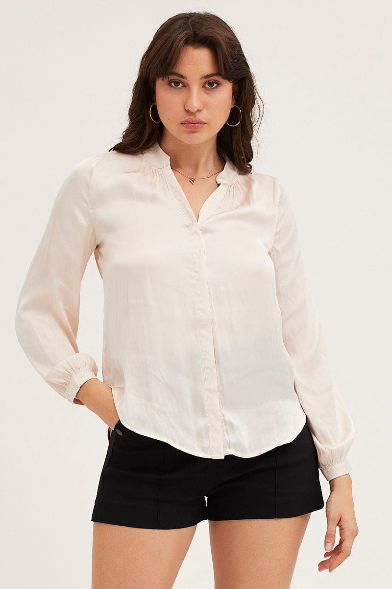 White Shirt Long Sleeve Gathered Satin