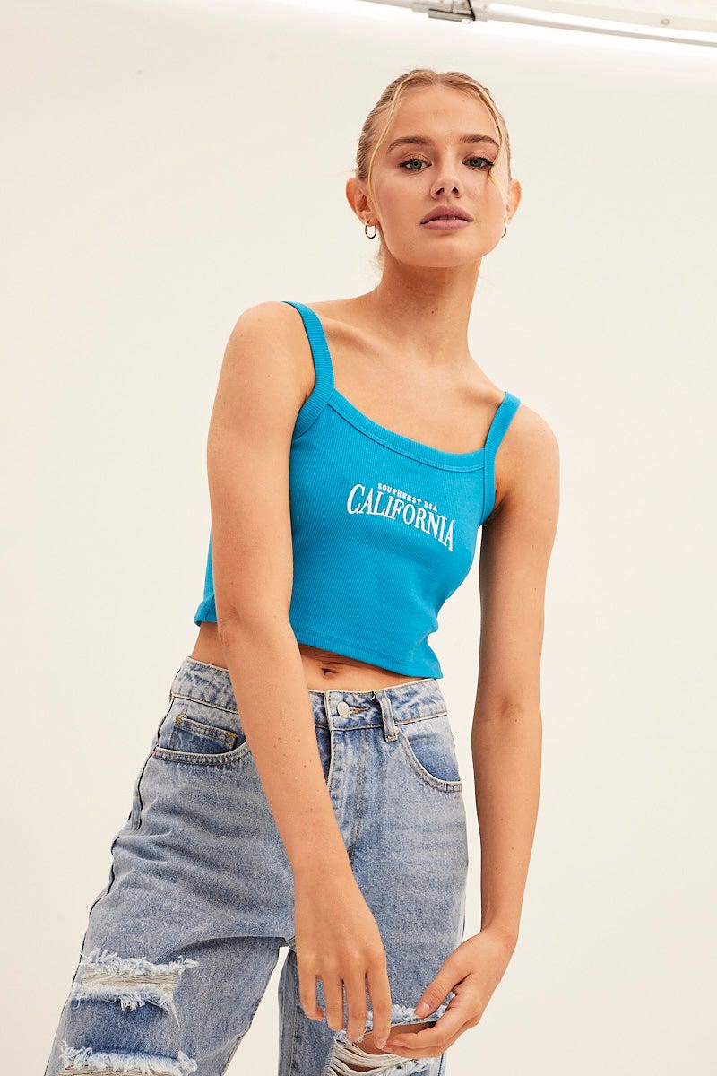Blue Crop Tank Top Sleeveless Rib Embroidered