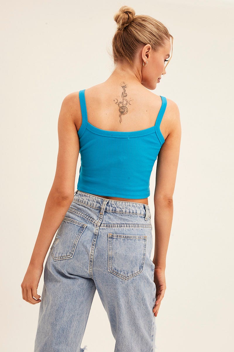 Blue Crop Tank Top Sleeveless Rib Embroidered