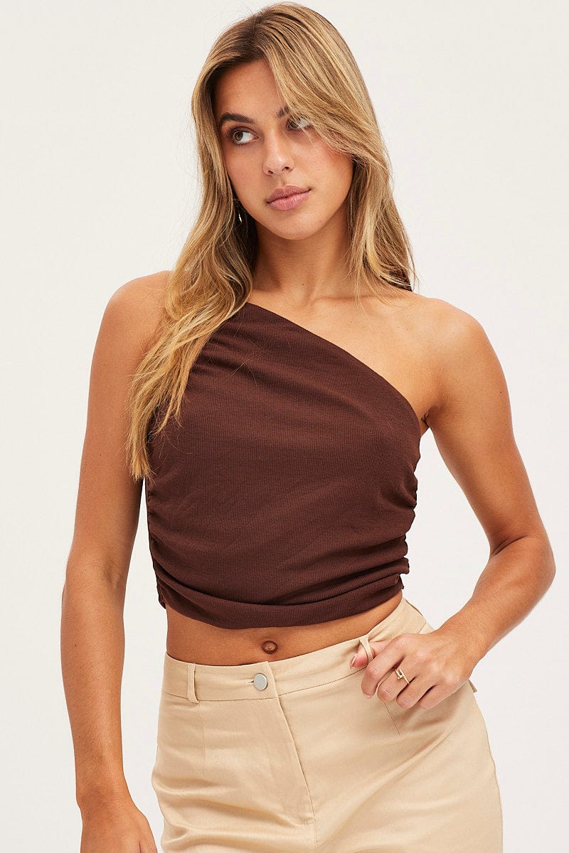 Brown Tank Top Top One Shoulder
