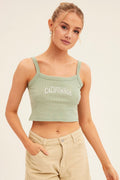 Green Crop Tank Top Sleeveless Rib Embroidered