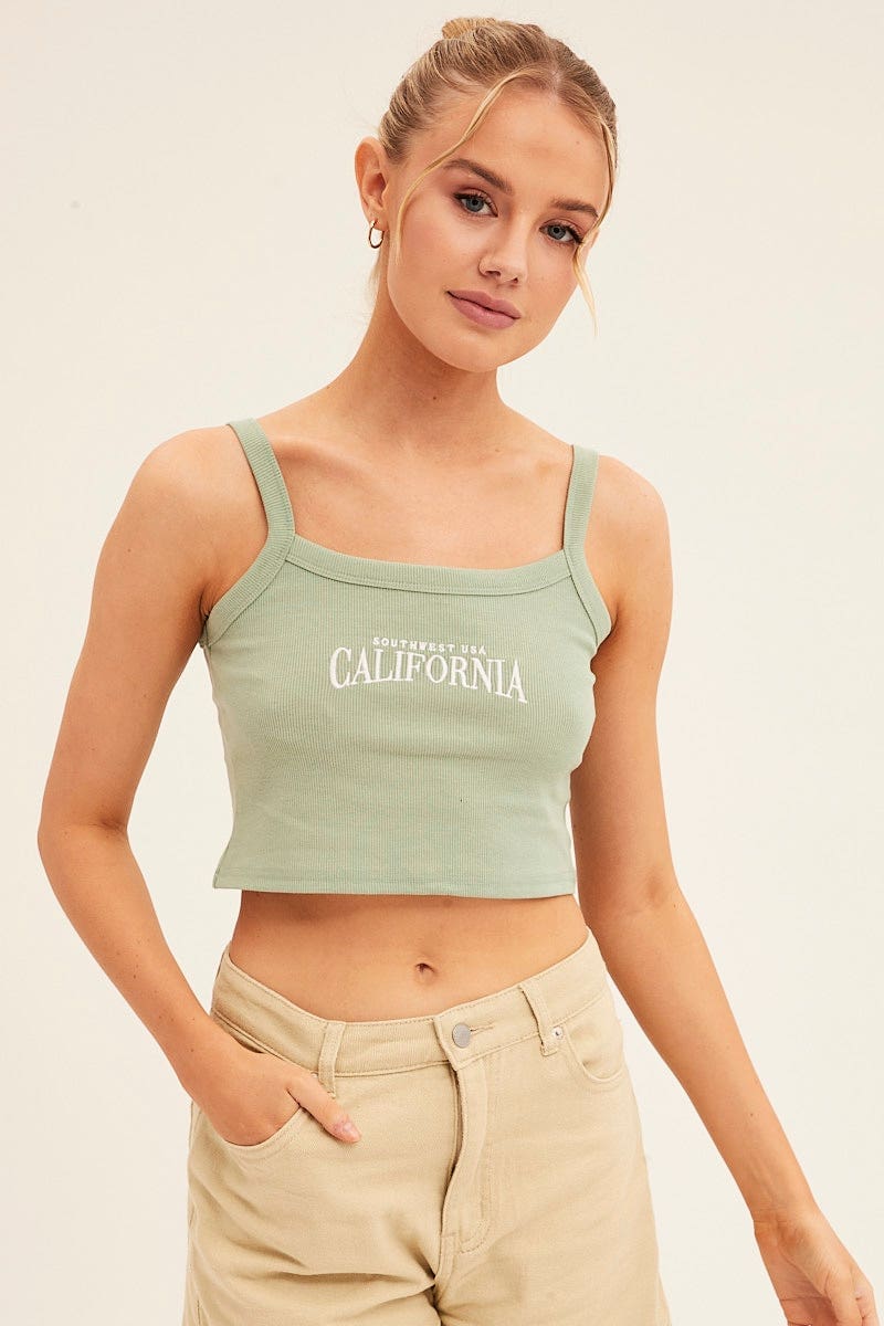 Green Crop Tank Top Sleeveless Rib Embroidered