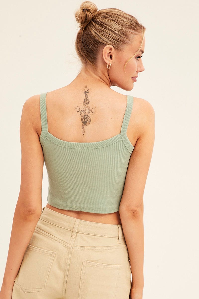 Green Crop Tank Top Sleeveless Rib Embroidered