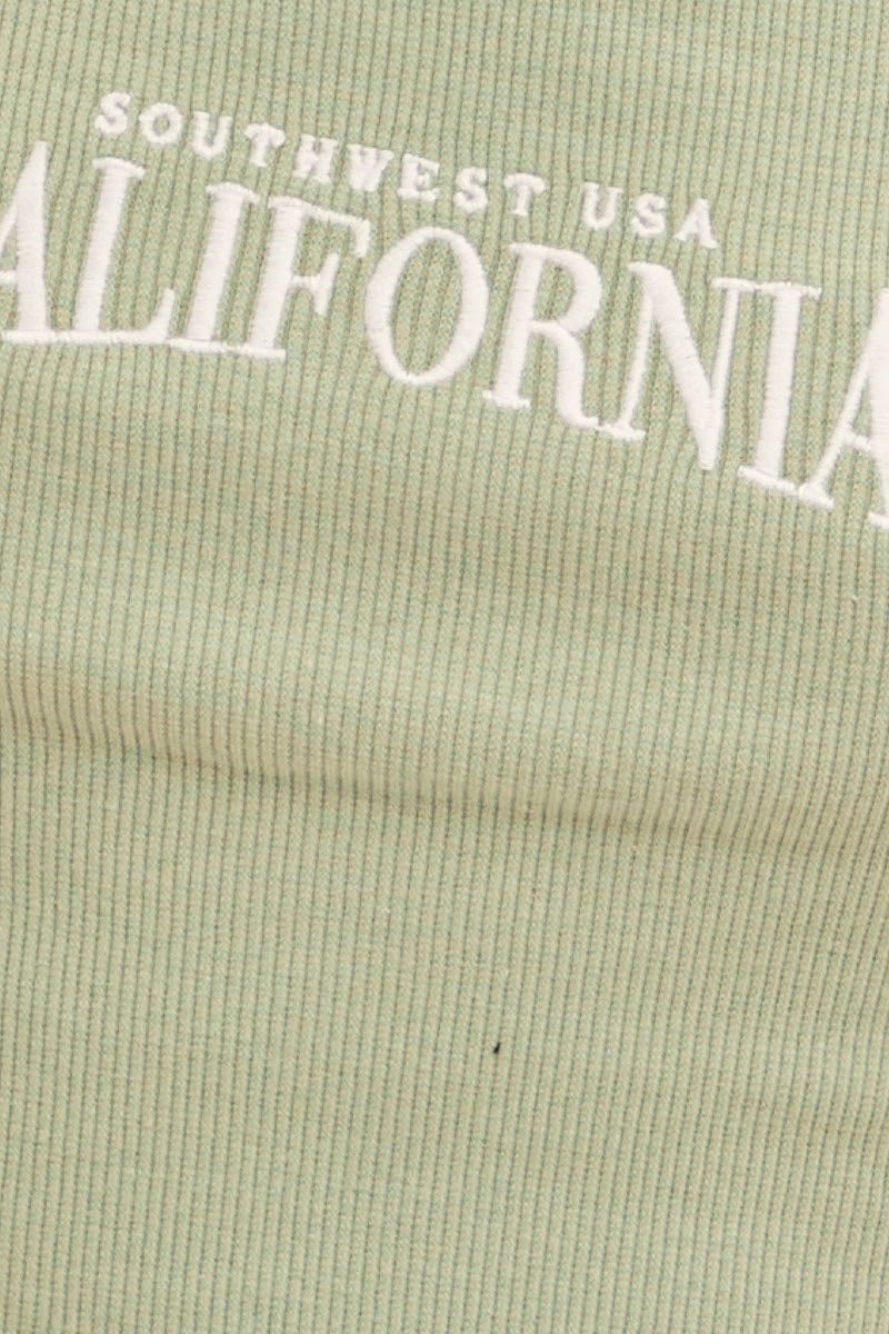 Green Crop Tank Top Sleeveless Rib Embroidered
