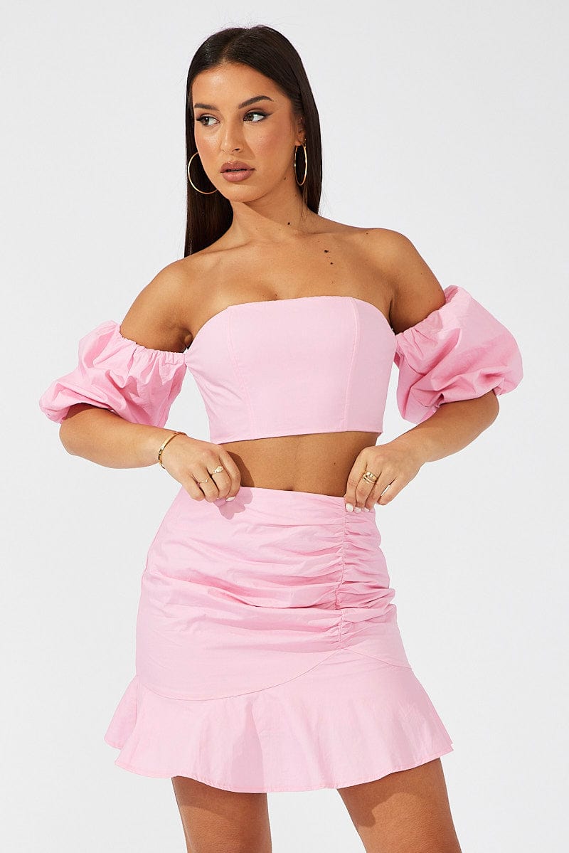 Pink Mini Skirt Ruched Ruffle Hem