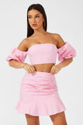 Pink Mini Skirt Ruched Ruffle Hem