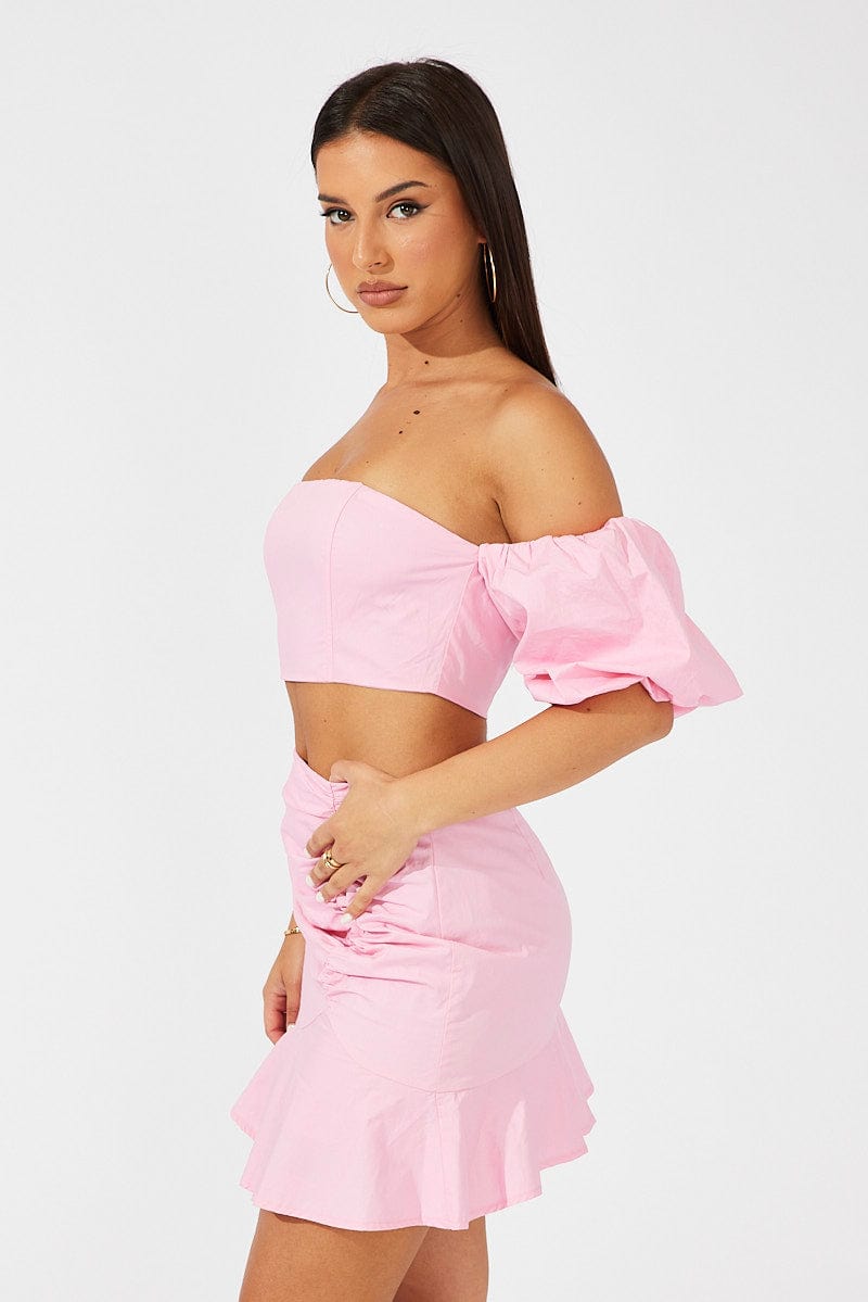 Pink Mini Skirt Ruched Ruffle Hem