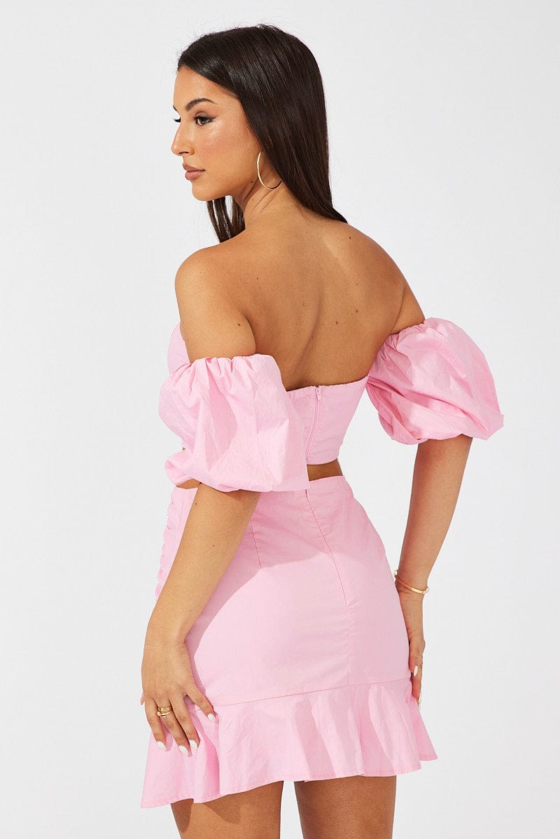 Pink Mini Skirt Ruched Ruffle Hem