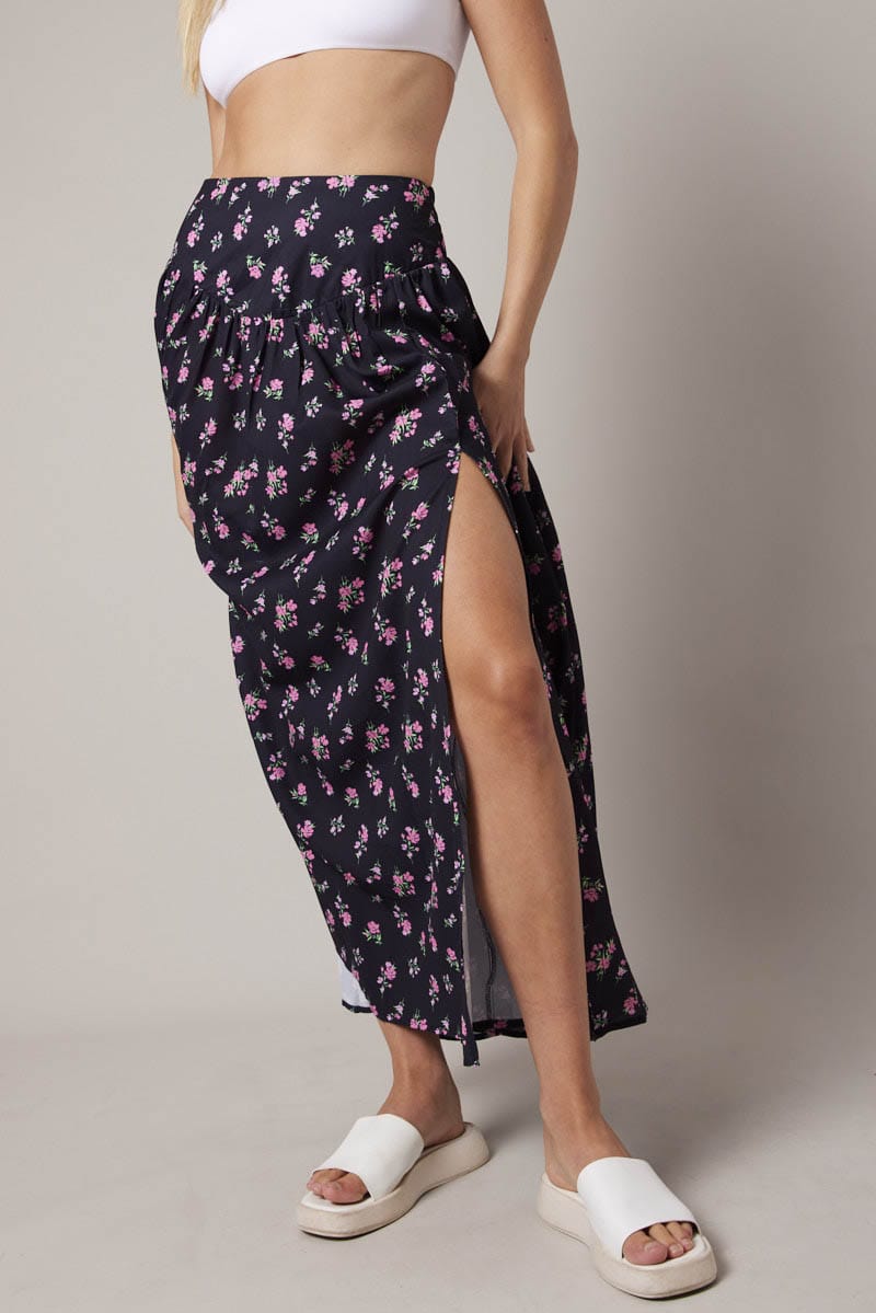 Black Floral Maxi Skirt Bouquet Ditsy Side Split