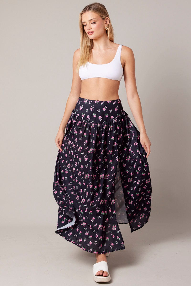 Black Floral Maxi Skirt Bouquet Ditsy Side Split