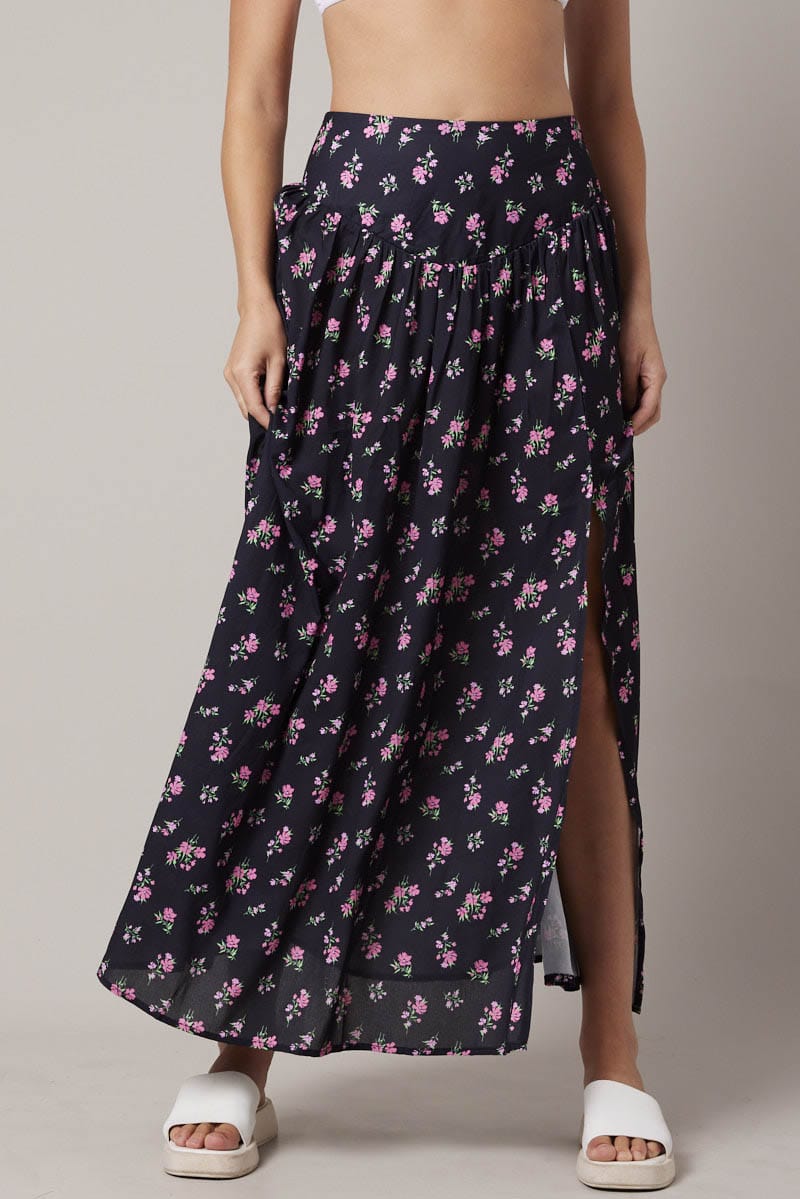 Black Floral Maxi Skirt Bouquet Ditsy Side Split
